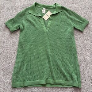 Pact Beachside Tunic Womens L Green Crochet Knit Collared Cover Up Relaxed Linen